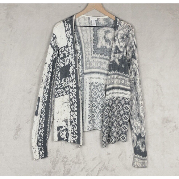 CHICOS Open Cardigan Sz 2 (L) Gray Ivory Wool Cashmere Light Sweater Sequins - Picture 1 of 15